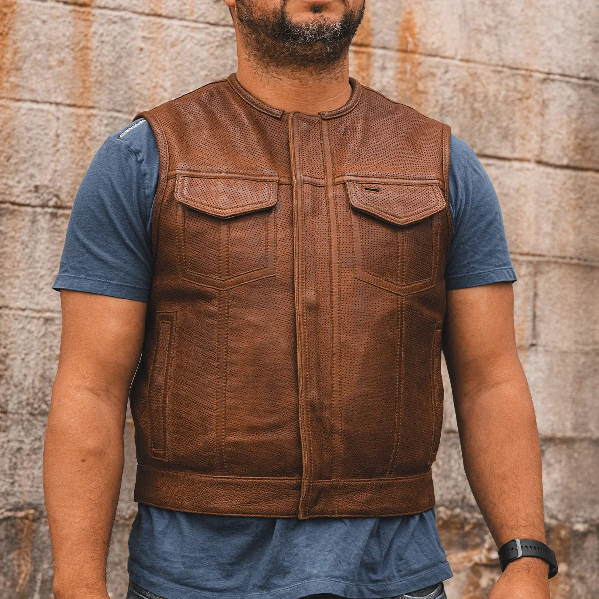 Lowside Men's Perforated Motorcycle Leather Vest - Lux Ryder