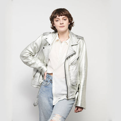 Women’s Silver Leather Motorcycle Jacket - Lux Ryder