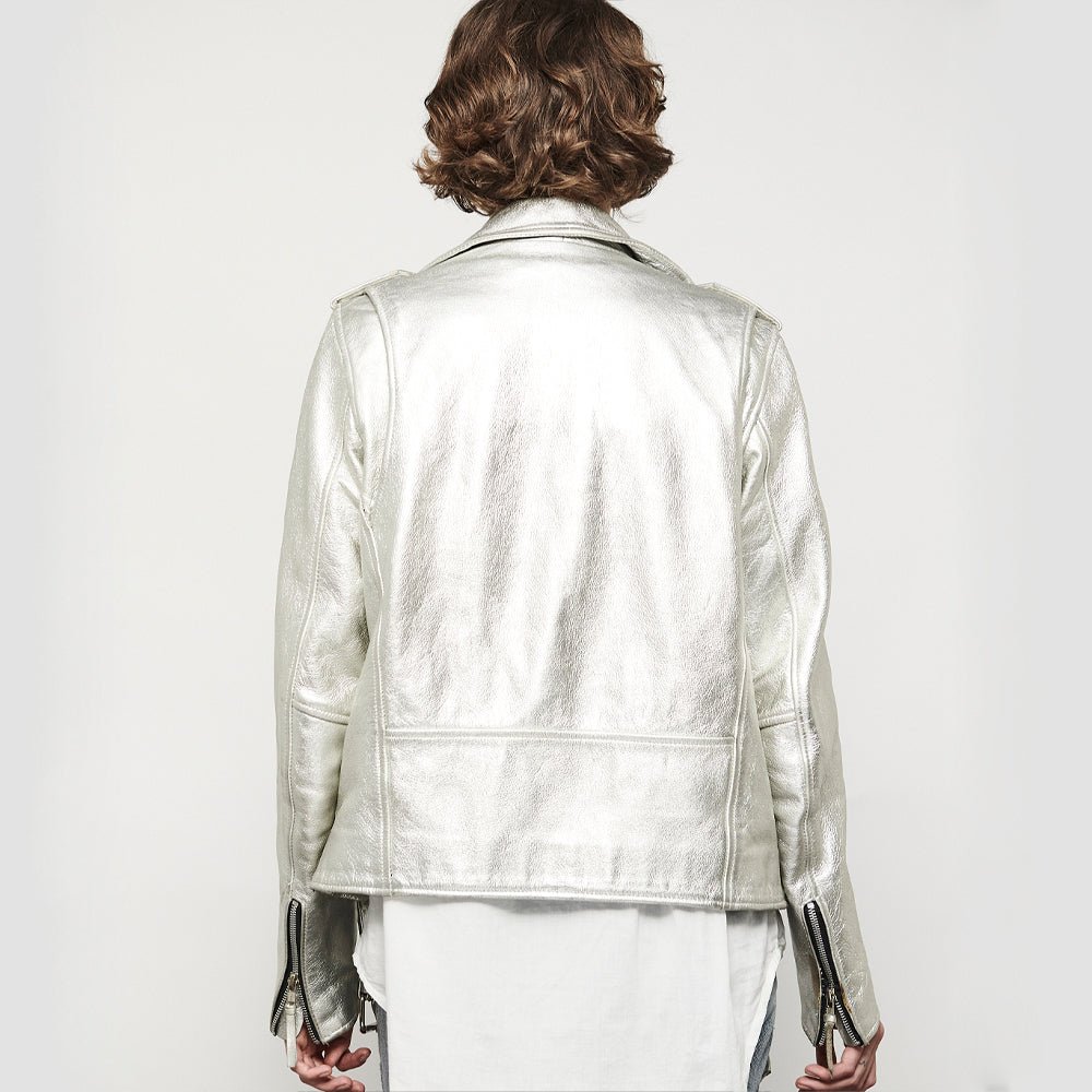 Women’s Silver Leather Motorcycle Jacket - Lux Ryder