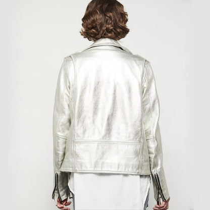 Women’s Silver Leather Motorcycle Jacket - Lux Ryder