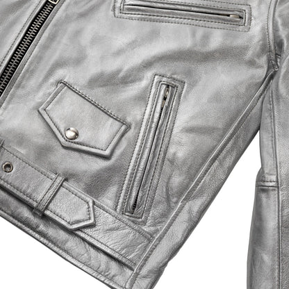 Women’s Silver Leather Motorcycle Jacket - Lux Ryder