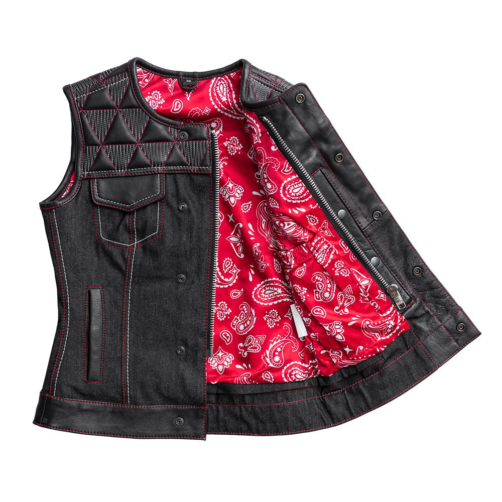 Women Club Style Leather and Denim Motorcycle Vest - Lux Ryder