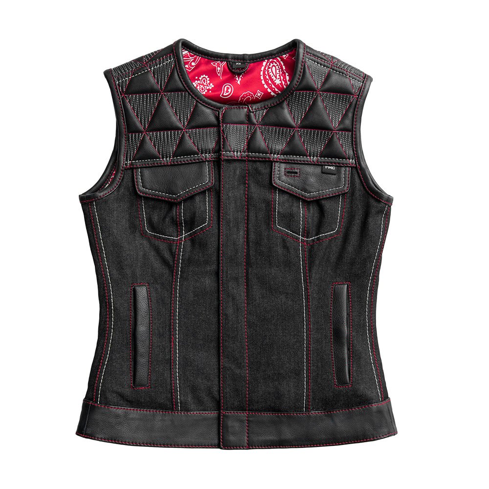 Women Club Style Leather and Denim Motorcycle Vest - Lux Ryder