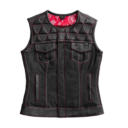 Women Club Style Leather and Denim Motorcycle Vest - Lux Ryder