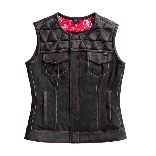 Women Club Style Leather and Denim Motorcycle Vest - Lux Ryder