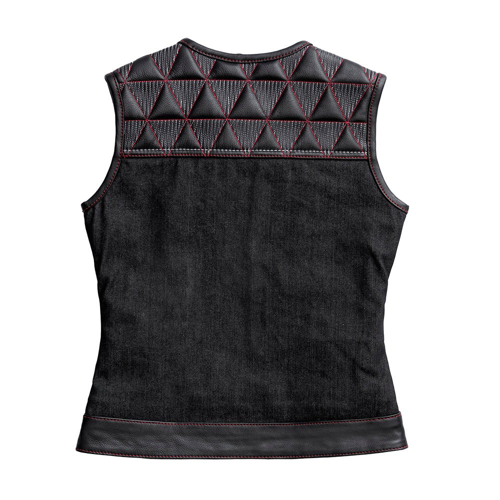 Women Club Style Leather and Denim Motorcycle Vest - Lux Ryder