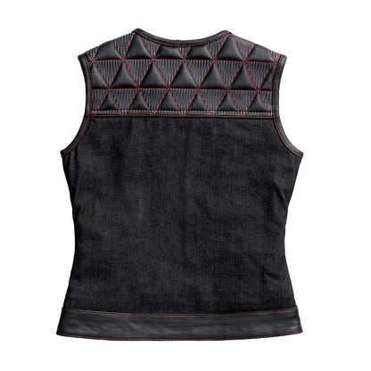 Women Club Style Leather and Denim Motorcycle Vest - Lux Ryder