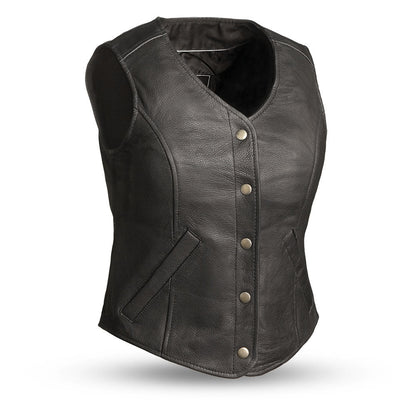 Women Leather Motorcycle Vest with Snap Front - Lux Ryder