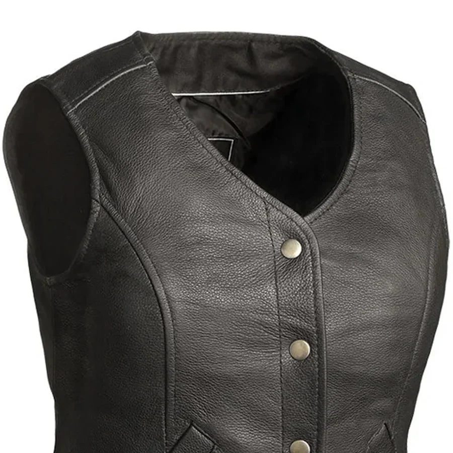 Women Leather Motorcycle Vest with Snap Front - Lux Ryder