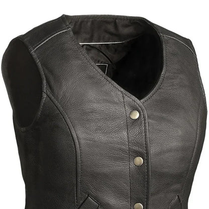 Women Leather Motorcycle Vest with Snap Front - Lux Ryder