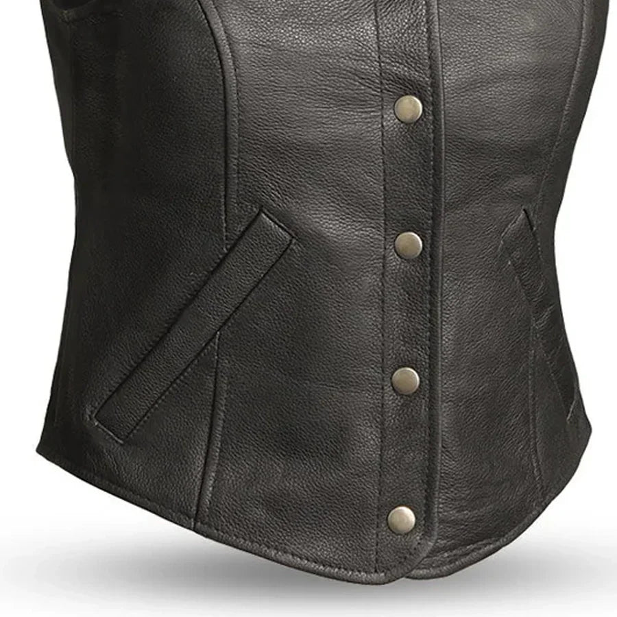Women Leather Motorcycle Vest with Snap Front - Lux Ryder