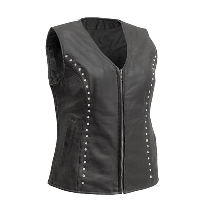 Women’s Leather Motorcycle Vest – Studded Biker Vest with Armor Pocket - Lux Ryder