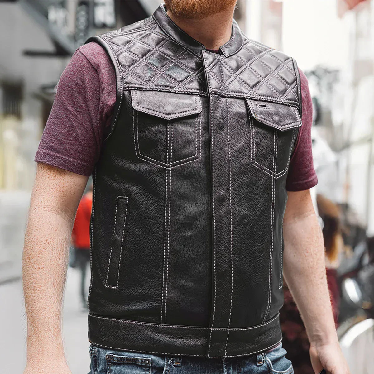 Downside Men's Motorcycle Leather Vest - Lux Ryder