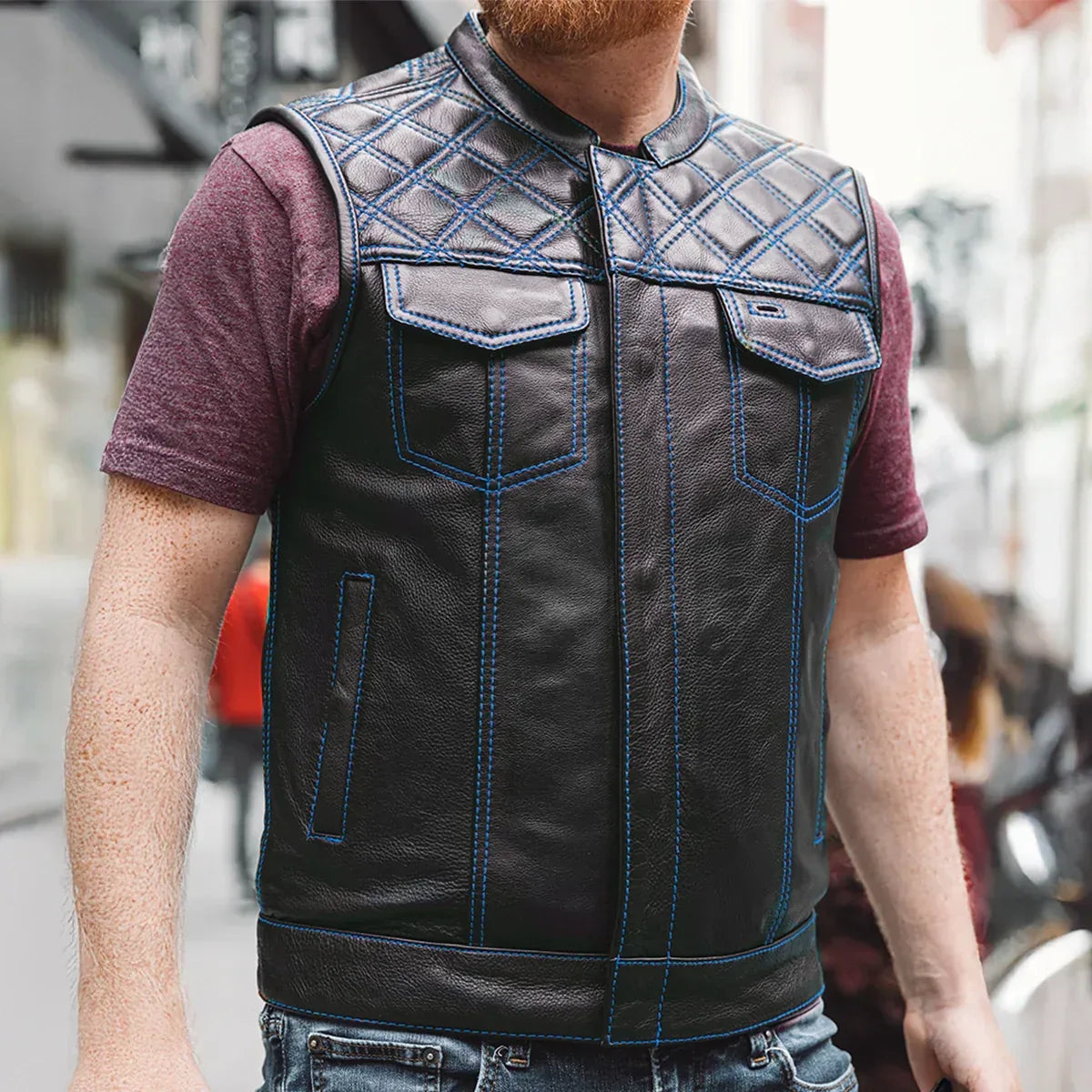 Downside Men's Motorcycle Leather Vest - Lux Ryder