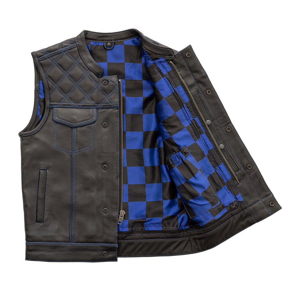 Finish Line - Blue Checker - Men's Motorcycle Leather Vest - Lux Ryder