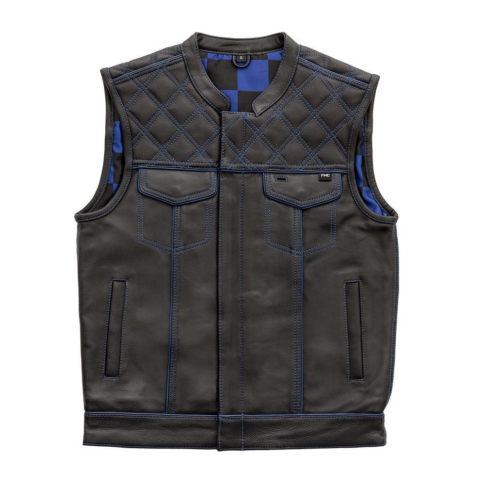 Finish Line - Blue Checker - Men's Motorcycle Leather Vest - Lux Ryder