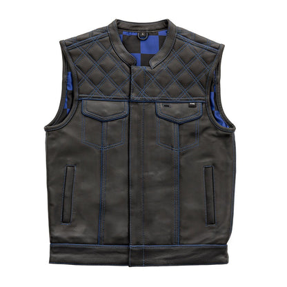 Finish Line - Blue Checker - Men's Motorcycle Leather Vest - Lux Ryder