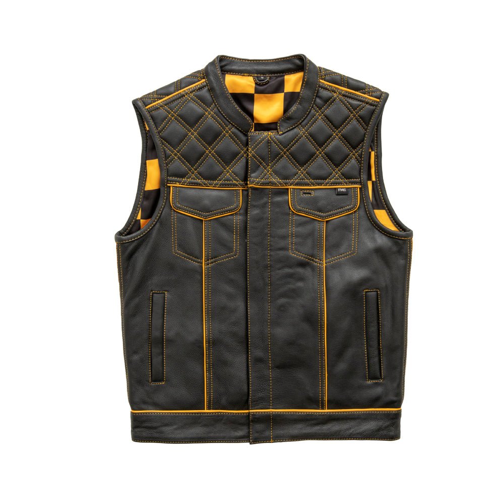 Finish Line - Gold Checker - Men's Motorcycle Leather Vest - Lux Ryder