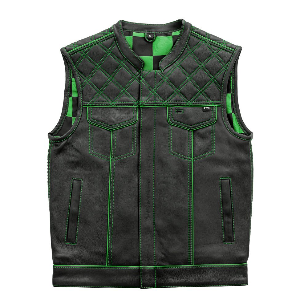 Finish Line - Green Checker - Men's Motorcycle Leather Vest - Lux Ryder