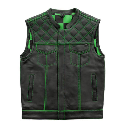 Finish Line - Green Checker - Men's Motorcycle Leather Vest - Lux Ryder