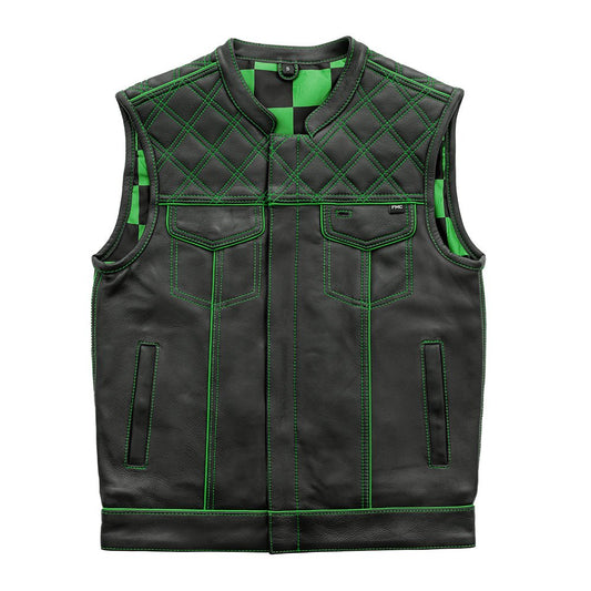 Finish Line - Green Checker - Men's Motorcycle Leather Vest - Lux Ryder
