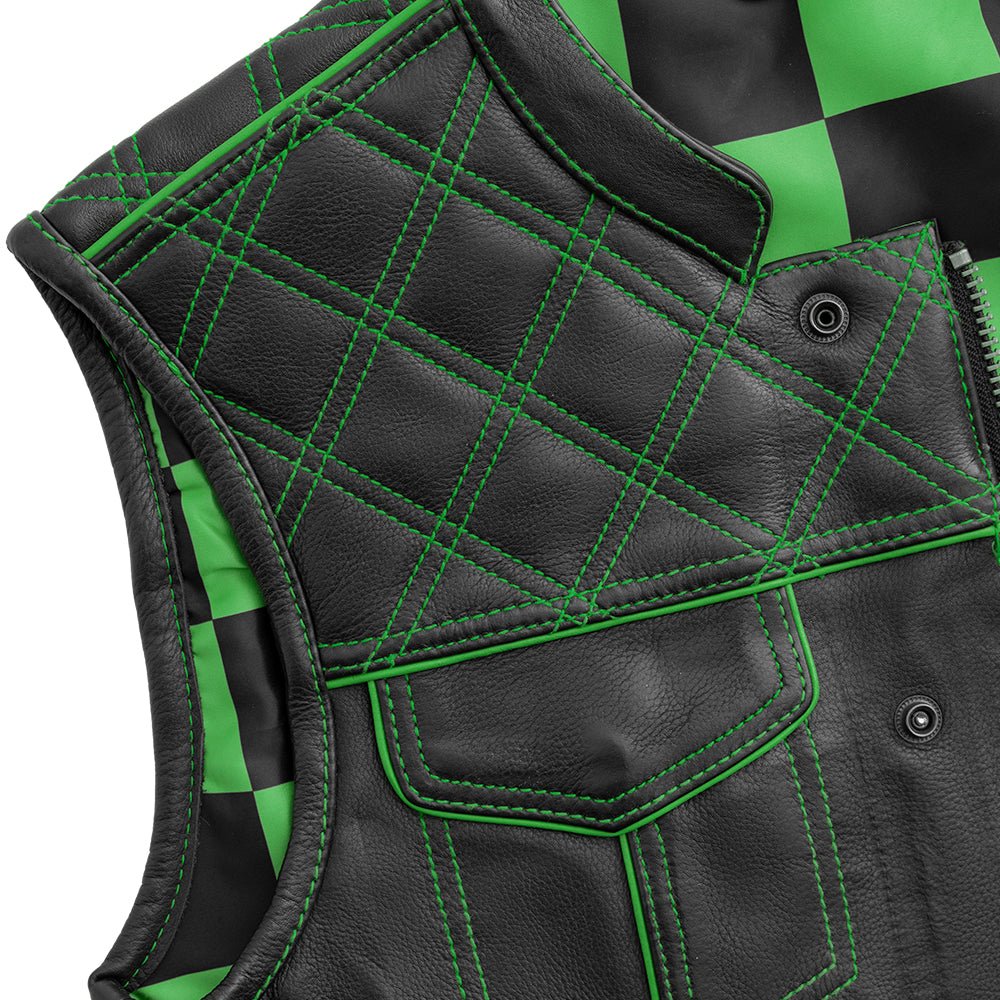 Finish Line - Green Checker - Men's Motorcycle Leather Vest - Lux Ryder