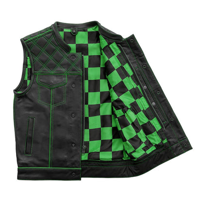 Finish Line - Green Checker - Men's Motorcycle Leather Vest - Lux Ryder