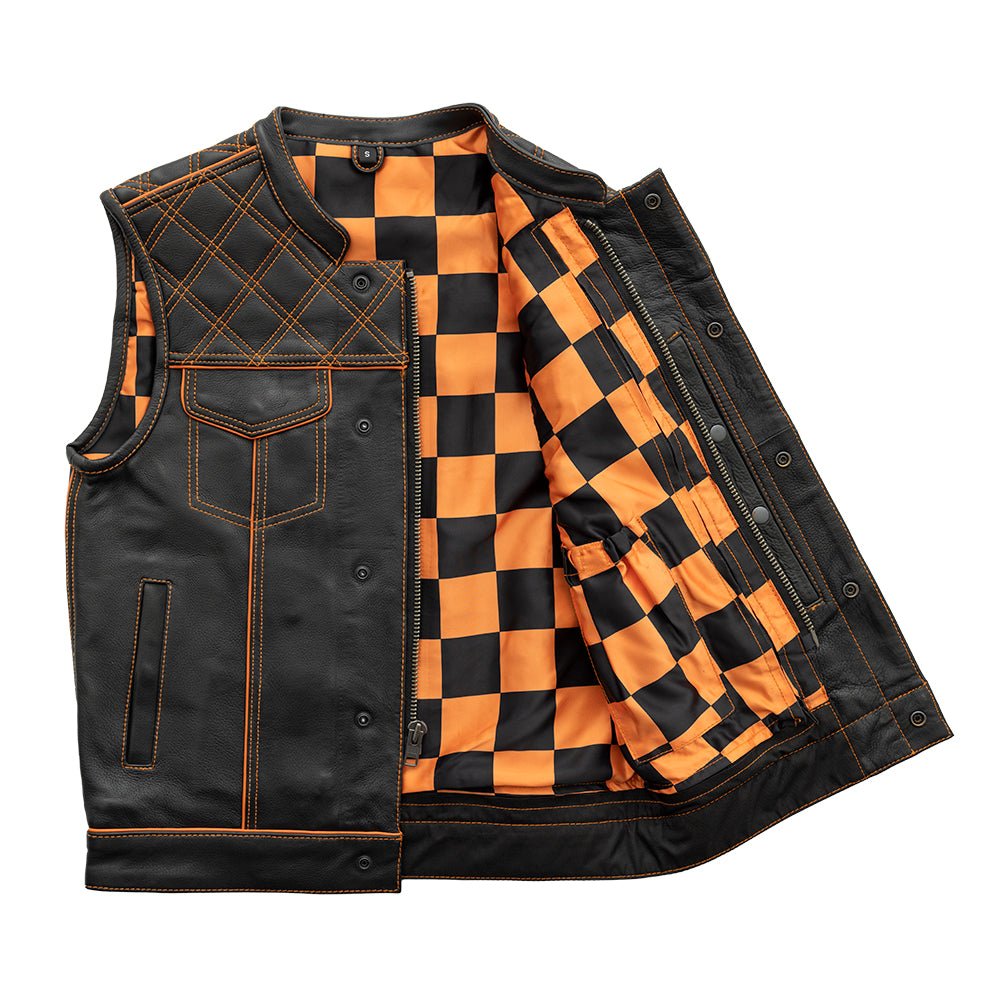 Finish Line - Orange Checker - Men's Motorcycle Leather Vest - Lux Ryder
