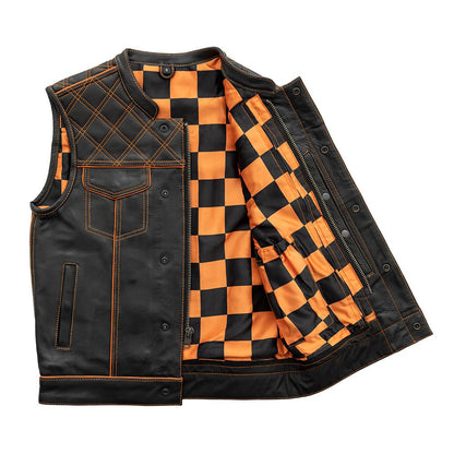 Finish Line - Orange Checker - Men's Motorcycle Leather Vest - Lux Ryder
