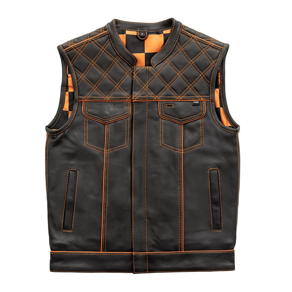 Finish Line - Orange Checker - Men's Motorcycle Leather Vest - Lux Ryder