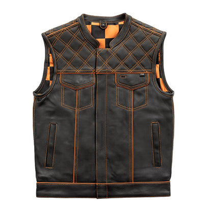 Finish Line - Orange Checker - Men's Motorcycle Leather Vest - Lux Ryder