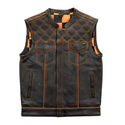 Finish Line - Orange Checker - Men's Motorcycle Leather Vest - Lux Ryder