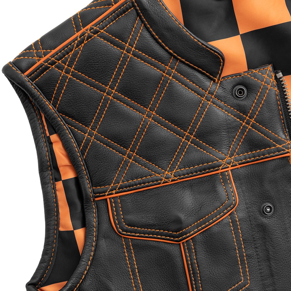 Finish Line - Orange Checker - Men's Motorcycle Leather Vest - Lux Ryder