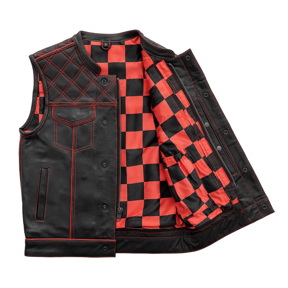 Finish Line - Red Checker - Men's Motorcycle Leather Vest - Lux Ryder