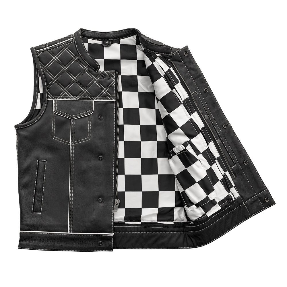 Finish Line - White Checker - Men's Motorcycle Leather Vest - Lux Ryder