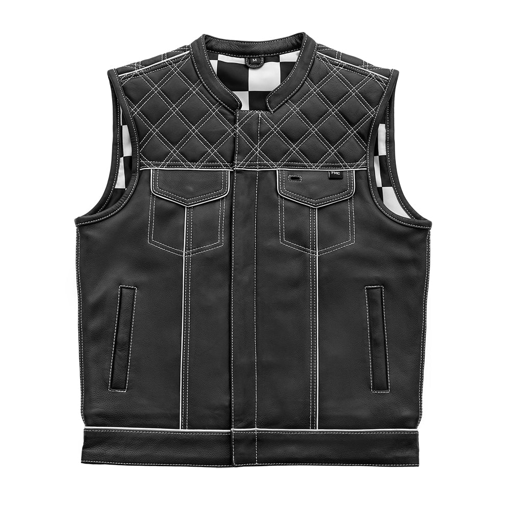 Finish Line - White Checker - Men's Motorcycle Leather Vest - Lux Ryder