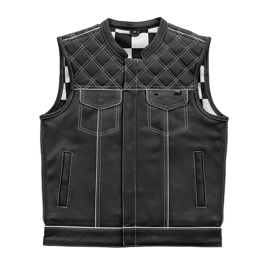 Finish Line - White Checker - Men's Motorcycle Leather Vest - Lux Ryder