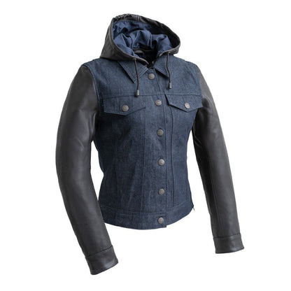 Women’s Motorcycle Denim and Leather Jacket with Removable Hood - Lux Ryder