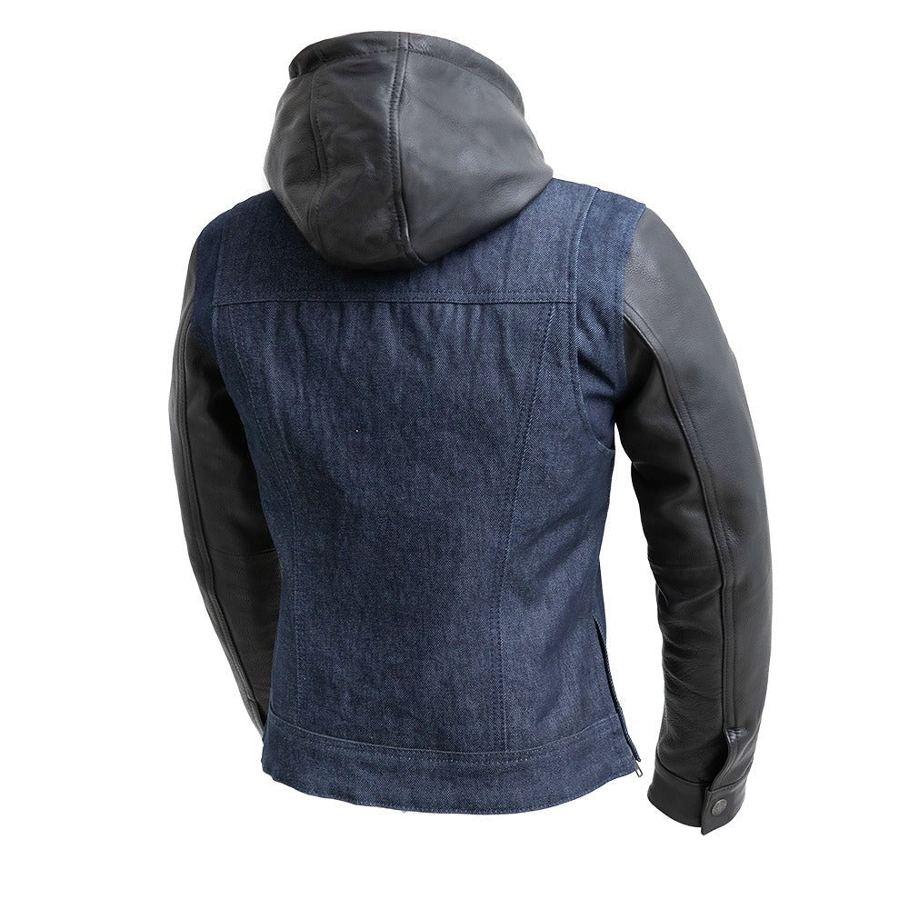 Women’s Motorcycle Denim and Leather Jacket with Removable Hood - Lux Ryder