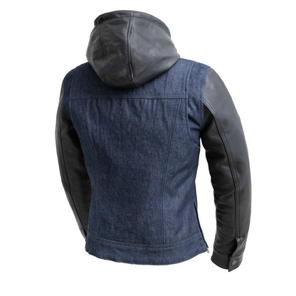 Women’s Motorcycle Denim and Leather Jacket with Removable Hood - Lux Ryder
