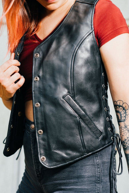 Women Leather Motorcycle Vest  Classic V-Neck Riding Vest - Lux Ryder