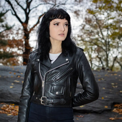 Women’s Cropped Leather Motorcycle Jacket with All-Season Wear - Lux Ryder