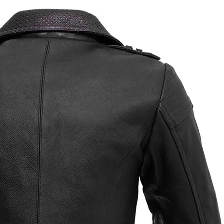 Women’s Leather Motorcycle Jacket with Perforated Collar Detail - Lux Ryder
