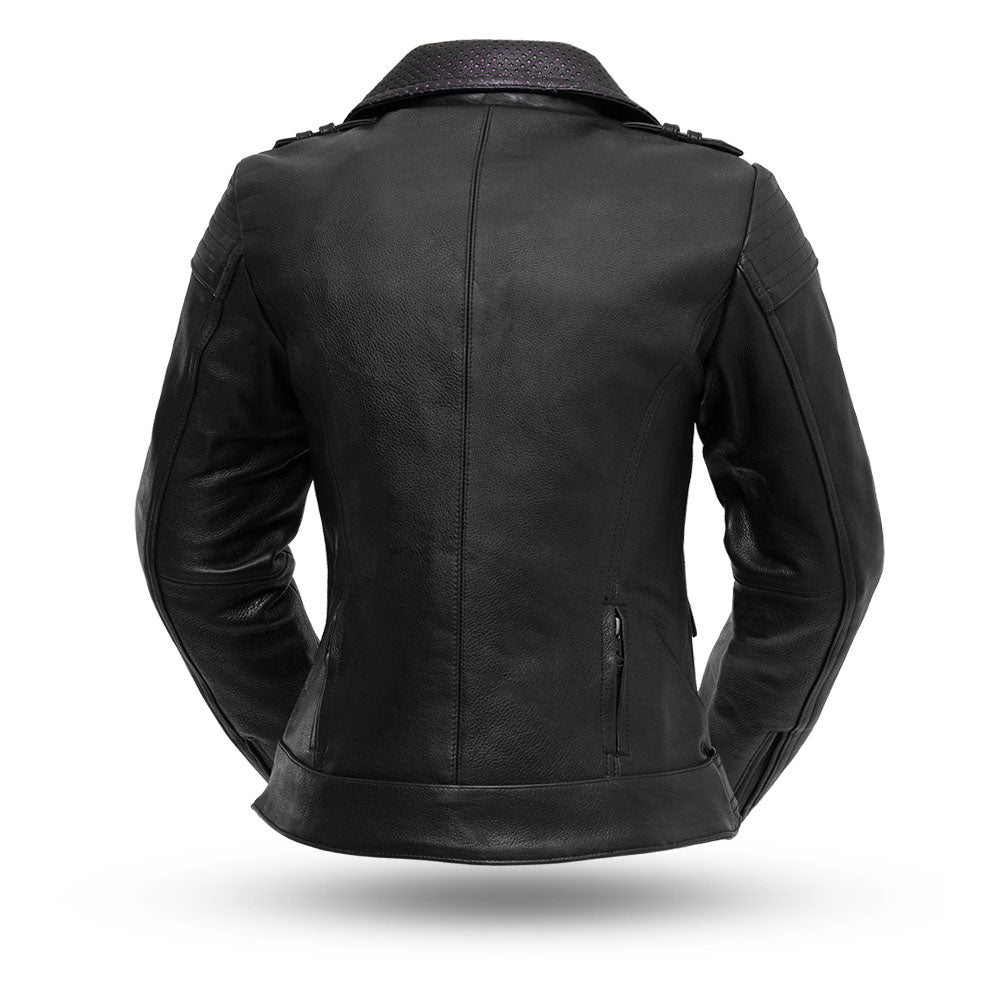 Women’s Leather Motorcycle Jacket with Perforated Collar Detail - Lux Ryder