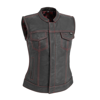 Jessica Women's Motorcycle Leather Vest - Black/Red - Limited Edition - Lux Ryder