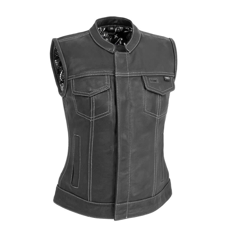 Women Leather Motorcycle Vest – Black Vest with White Stitching - Lux Ryder