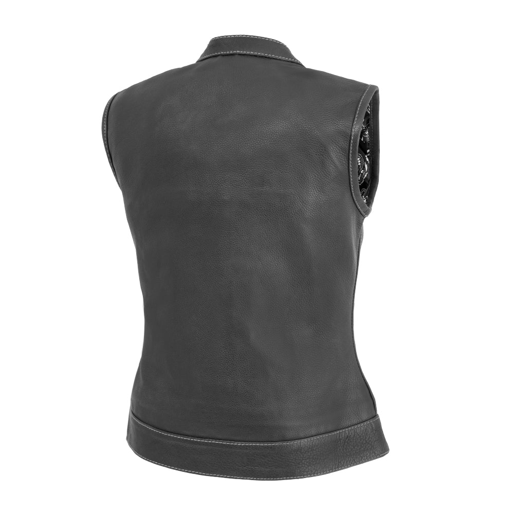 Women Leather Motorcycle Vest – Black Vest with White Stitching - Lux Ryder