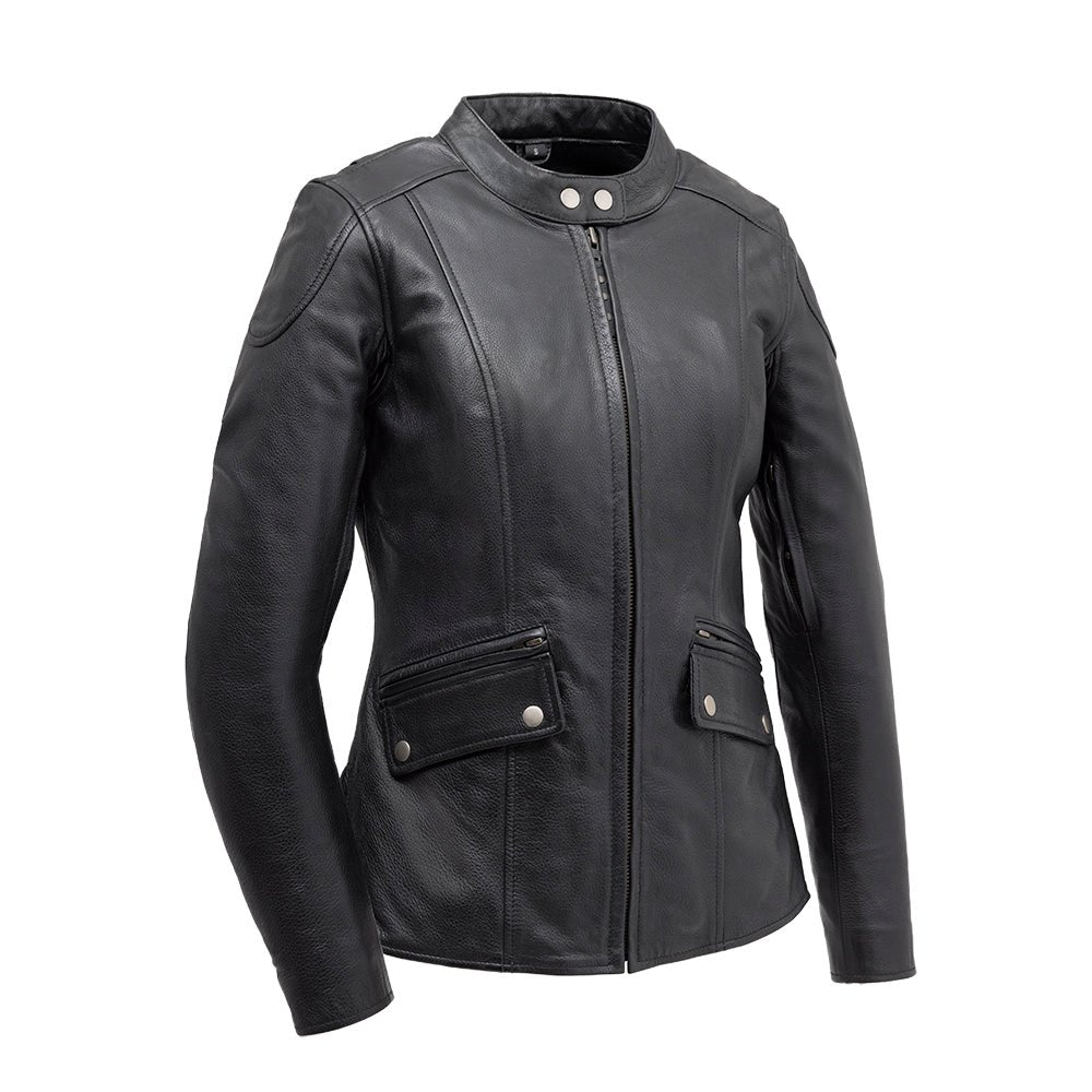 Women’s Leather Motorcycle Jacket with Center Zip and Adjustable Side Belts - Lux Ryder