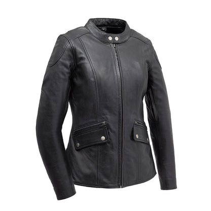 Women’s Leather Motorcycle Jacket with Center Zip and Adjustable Side Belts - Lux Ryder