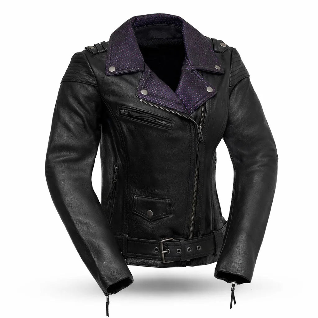 Black leather jacket with purple collar | LuxRyder